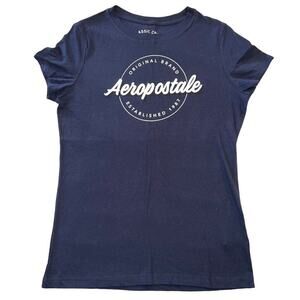 Aeropostale Womens TShirt Classic Crew Graphic Tee Navy Blue Capped Sleeve Large
